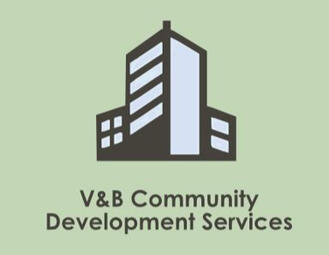 V&B Community Development Services logo - a light green background with a brown building and the words V&B Community Development Services below it in dark brown