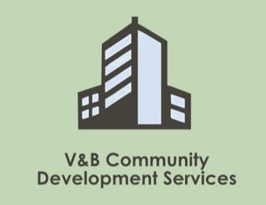 V&B Community Development Services logo - a light green background with a brown building and the words V&B Community Development Services below it in dark brown